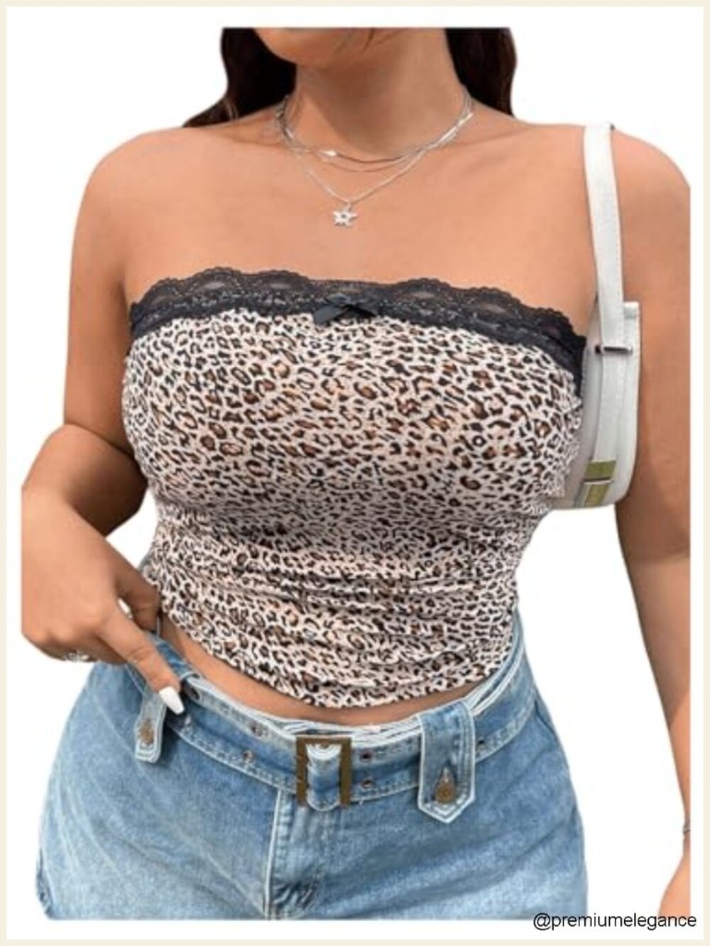 Plus Size Leopard Print Lace Neck Crop Tube Top Sleeveless Sexy